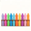 A set of colorful plastic bottles in various shades of purple, green, blue, orange, and yellow.