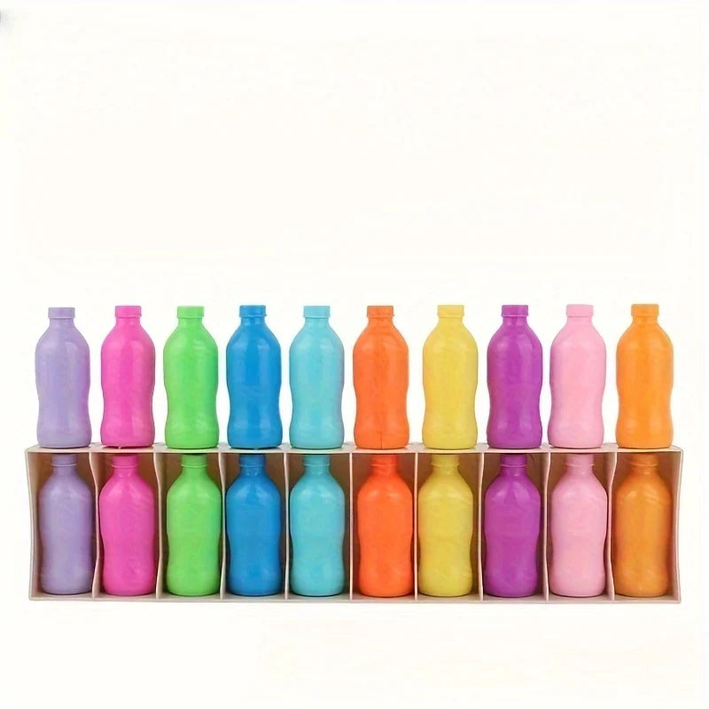 A set of colorful plastic bottles in various shades of purple, green, blue, orange, and yellow.