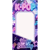 A purple and iridescent K-Pop themed photo frame backdrop with a sparkly design and happy birthday text.