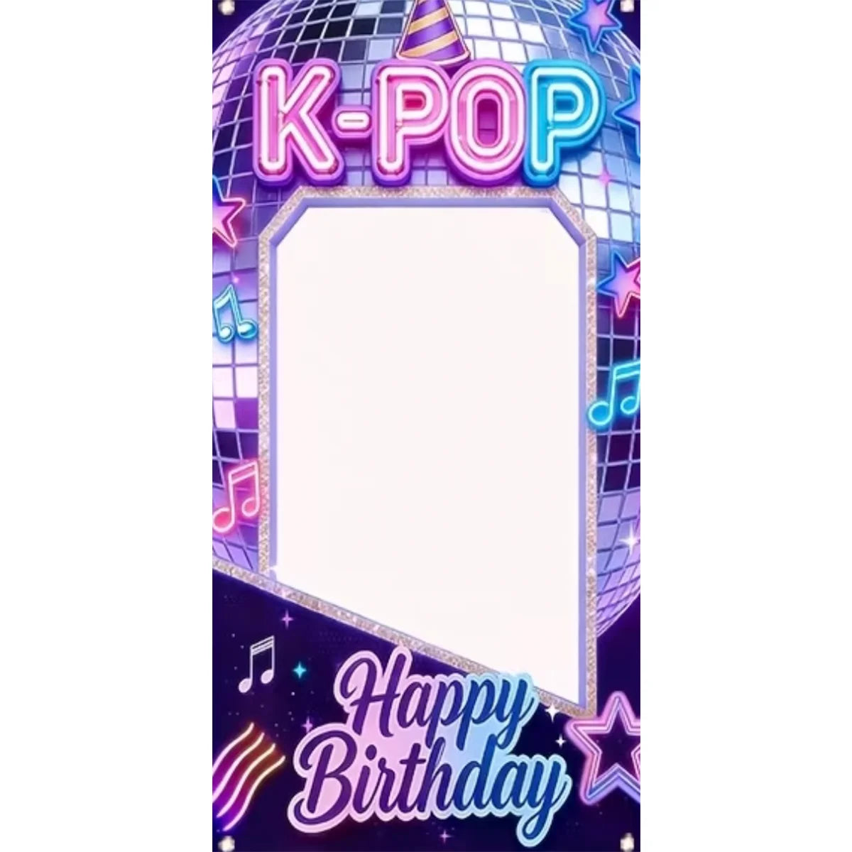 A purple and iridescent K-Pop themed photo frame backdrop with a sparkly design and happy birthday text.