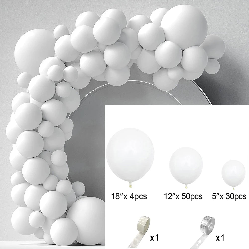 White balloon garland arch kit featuring round balloons and a white ribbon.
