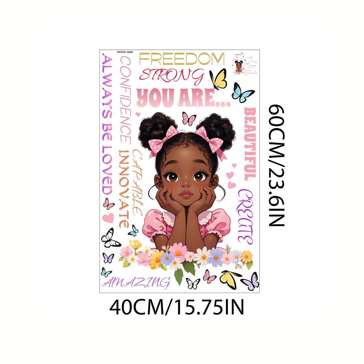 A vertical wall sticker featuring a girl with curly hair surrounded by motivational words like Freedom Strong You Are and Bea