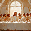 Peinture à l'huile de Jésus et de ses disciples rassemblés autour d'une table dans un cadre antique.