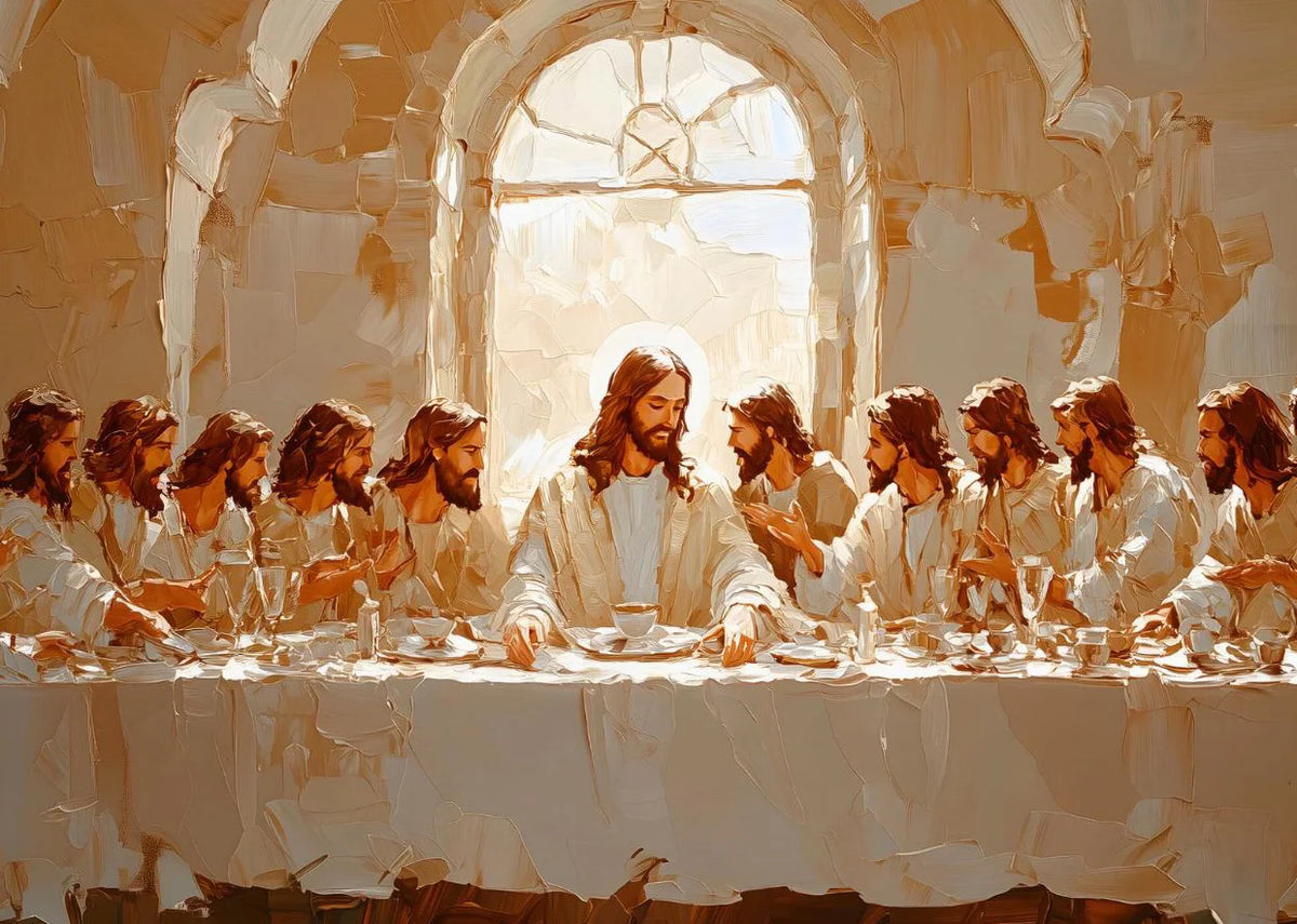 Peinture à l'huile de Jésus et de ses disciples rassemblés autour d'une table dans un cadre antique.