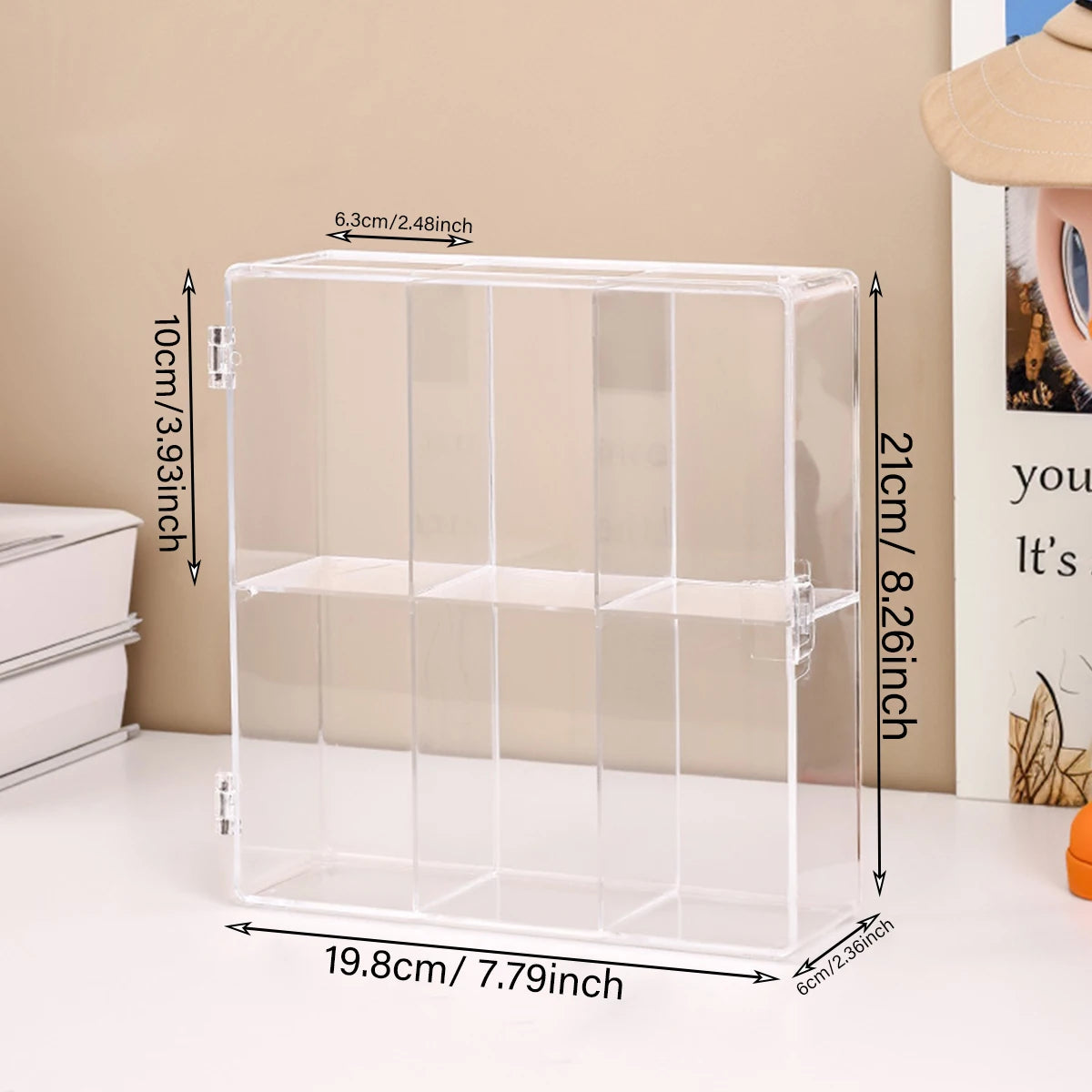 Klare Acryl-Blindbox-Präsentationsbox mit mehreren Fächern und Deckel.