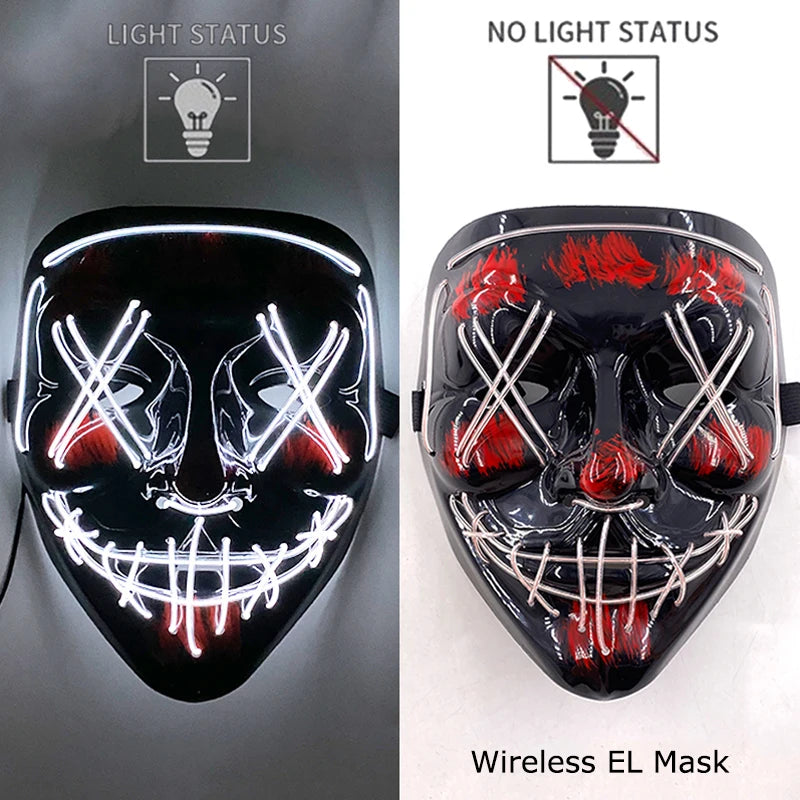 A black EL mask featuring glowing red wire details, shown in both light and no light status.