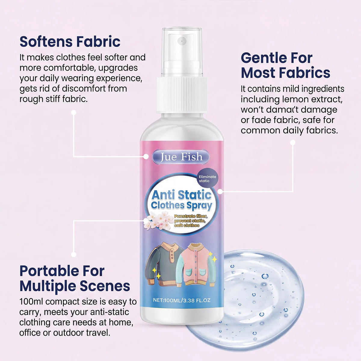 A bottle of jute fish anti-static clothes spray is shown next to a circular disc.