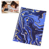 A reusable sticker collecting album featuring a dark blue and gold marbled design, shown next to children using it.