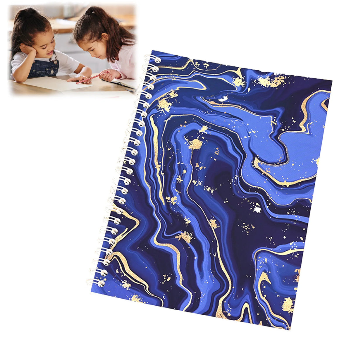 A reusable sticker collecting album featuring a dark blue and gold marbled design, shown next to children using it.