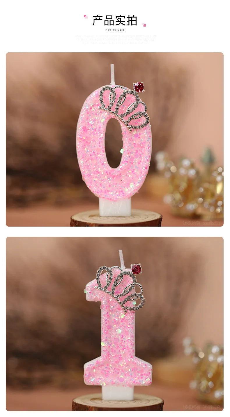 Two pink glitter birthday candles shaped like the numbers 0 and 1 with crown decorations