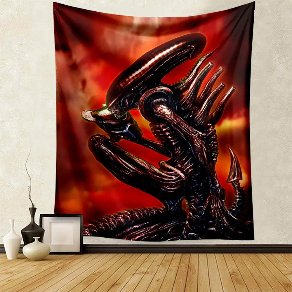 A dark, menacing alien creature tapestry featuring sharp claws and a menacing face against a fiery red background.