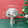 Silver mushroom-shaped disco ball decoration with a textured base displayed against a red background.