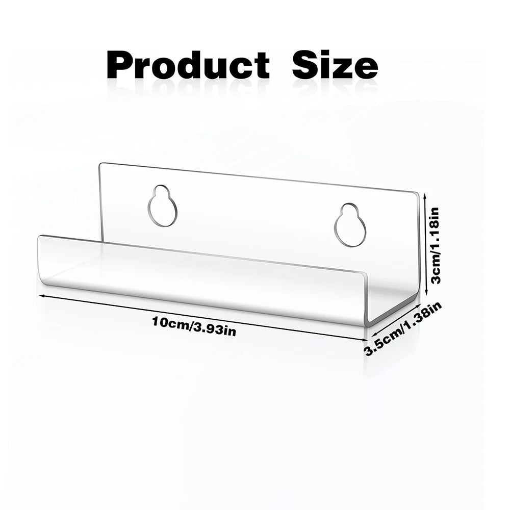 Clear acrylic floating shelf with mounting holes and a supporting base shown for product size reference.