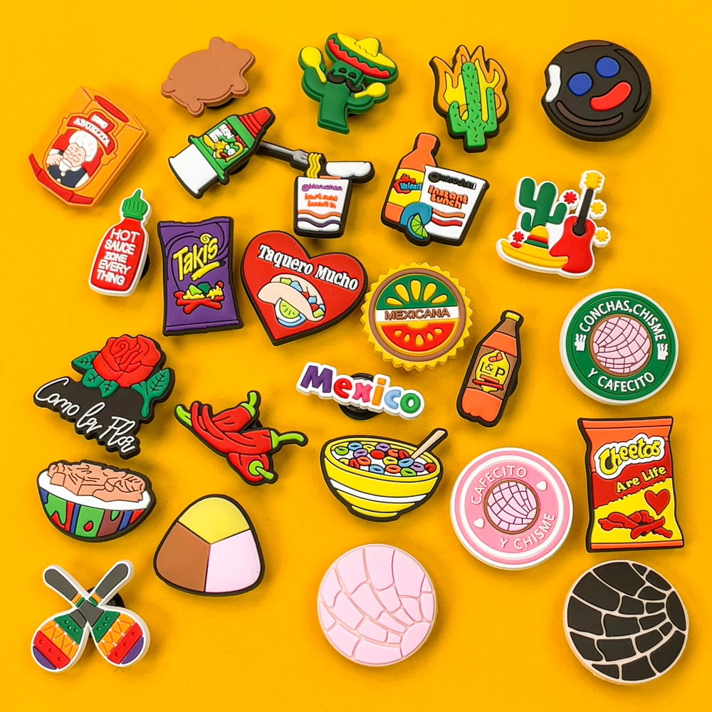A collection of colorful Mexico style PVC shoe charms featuring various Mexican themes and characters.