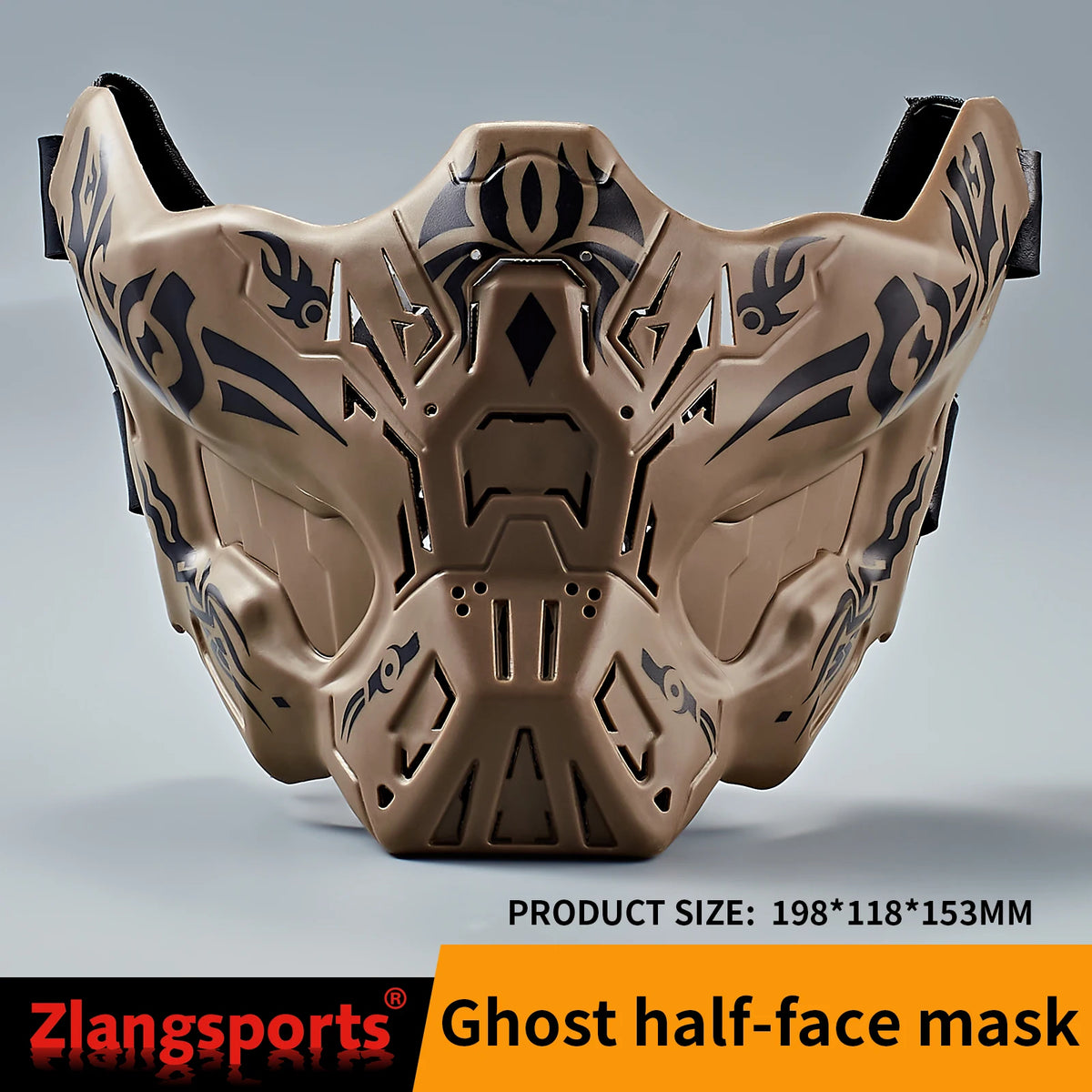 A tan tactical silicone half-face mask with black tribal patterns shown from the front.