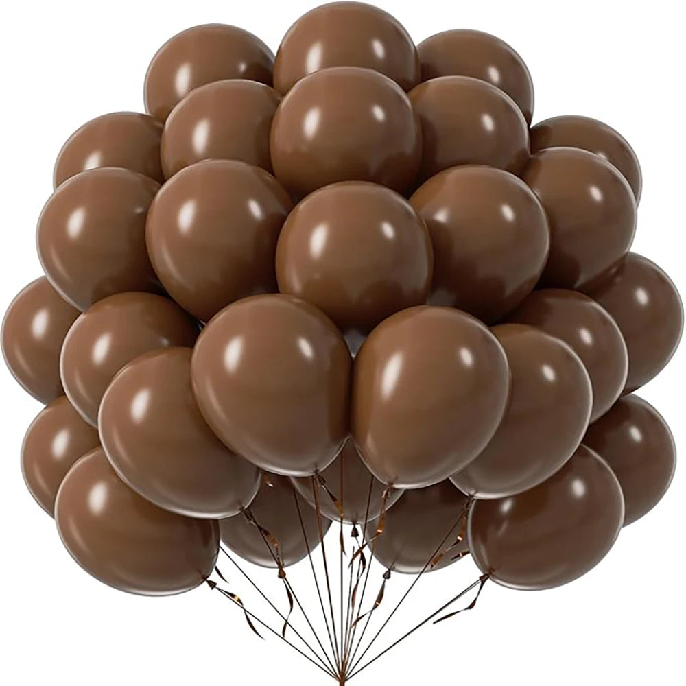 A bunch of brown pastel latex balloons tied together for party decorations