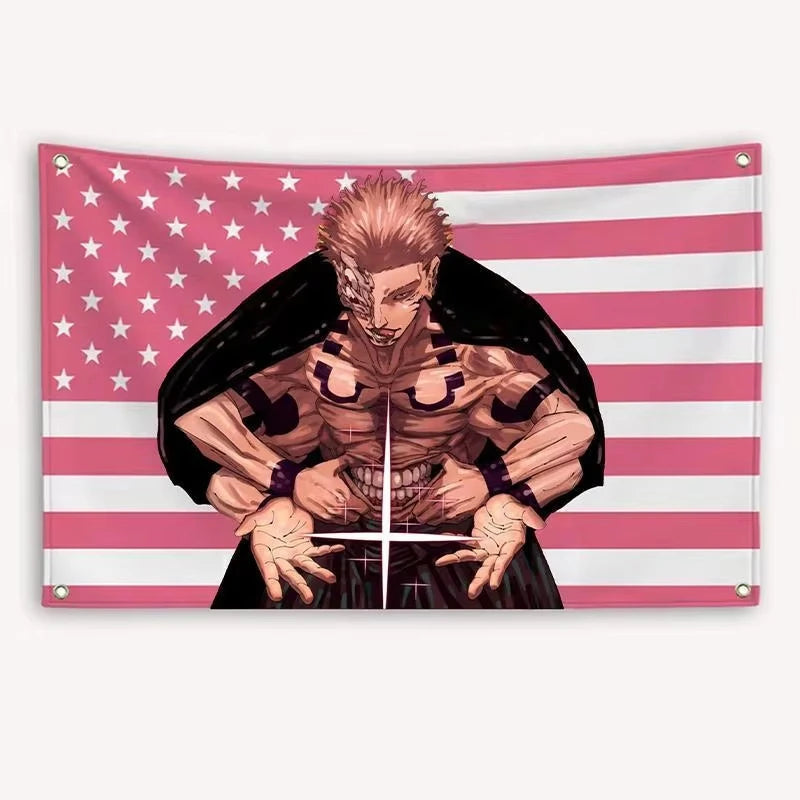 A tapestry featuring the Jujutsu Kaisen character Sukuna against an American flag background.