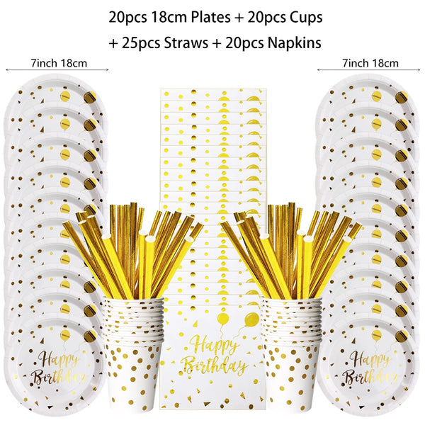 Un juego de vajilla desechable para fiestas de lunares dorados, incluyendo platos, vasos, pajitas y servilletas.