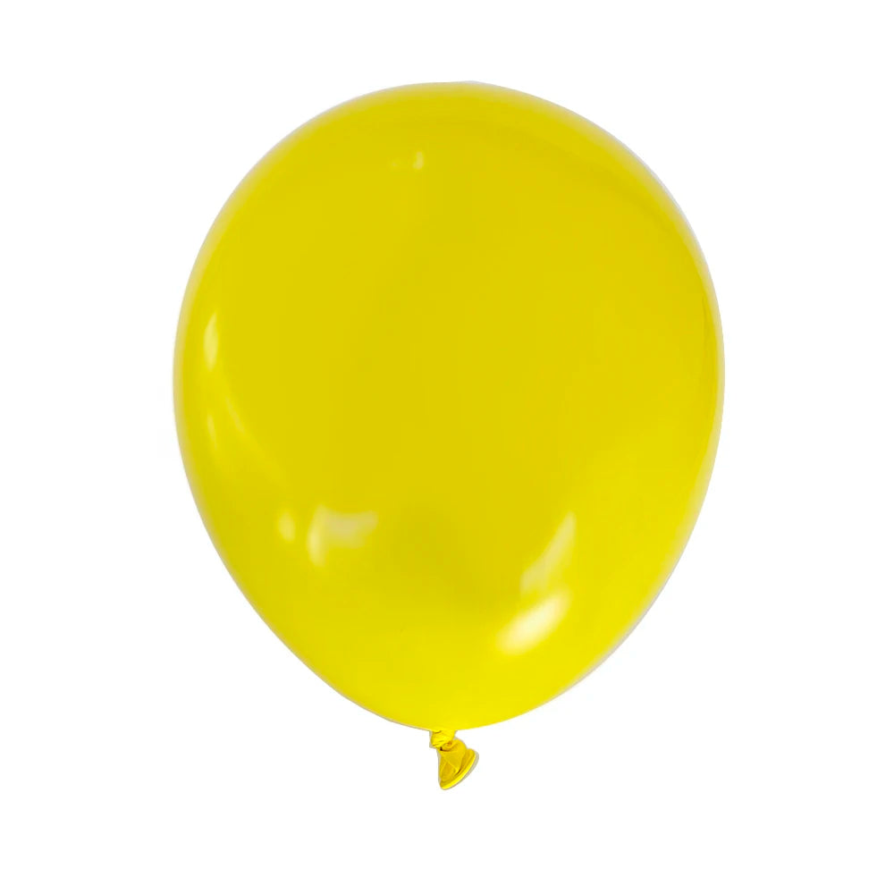 A single bright yellow latex balloon against a white background.