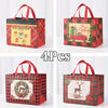 Four festive Christmas gift bags with plaid patterns and floral designs featuring red and green colors.