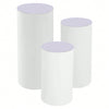 A set of three white cylinder pedestal display stands.