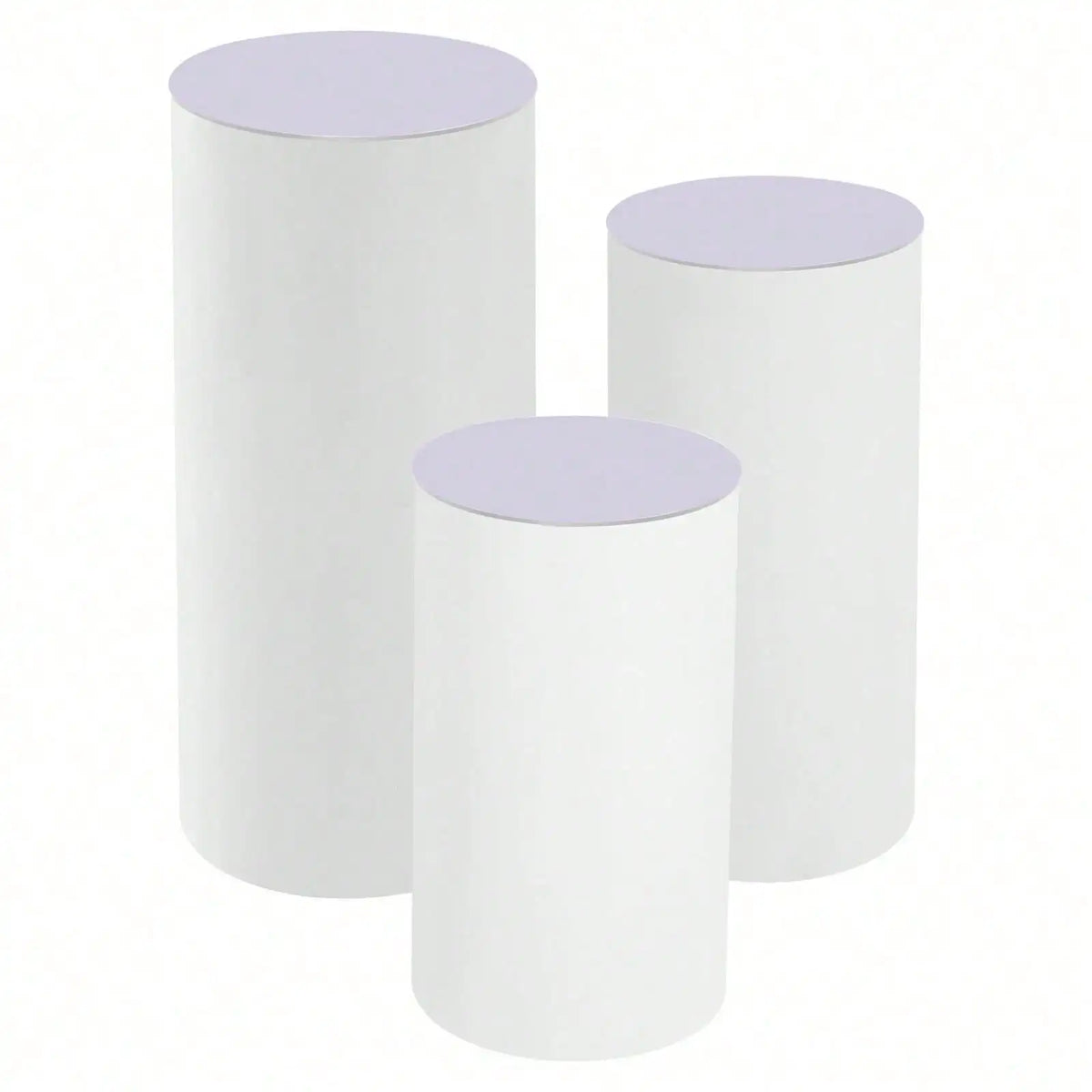 A set of three white cylinder pedestal display stands.
