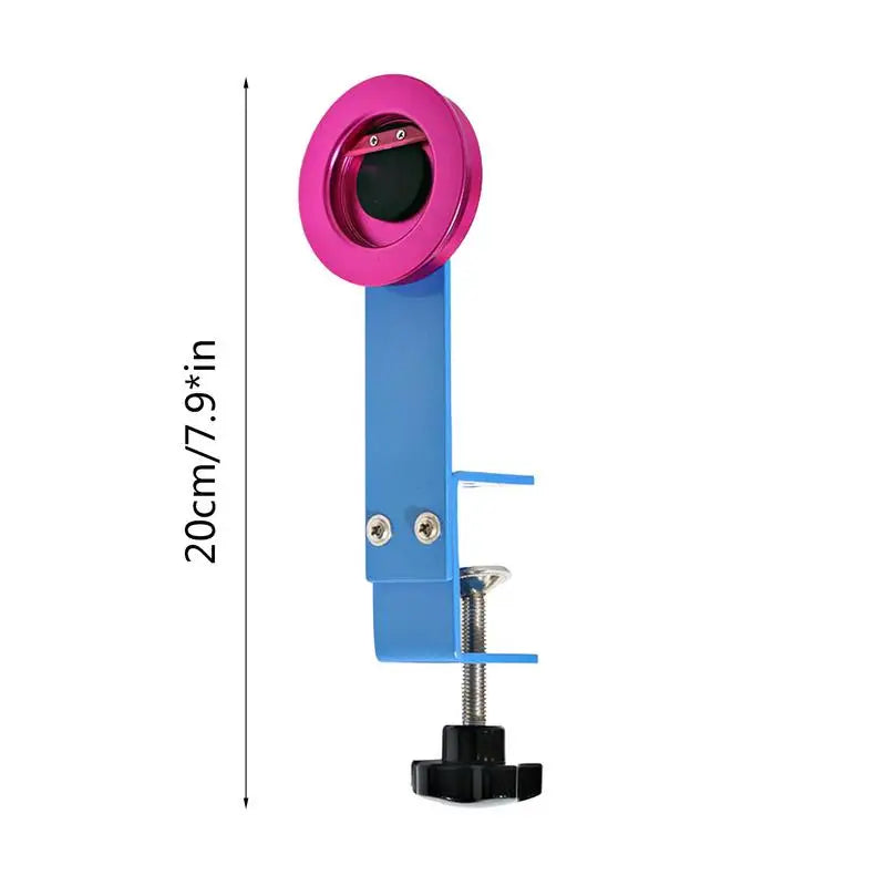 A pink and blue balloon stuffing tool kit with a metal inflator and clamp.