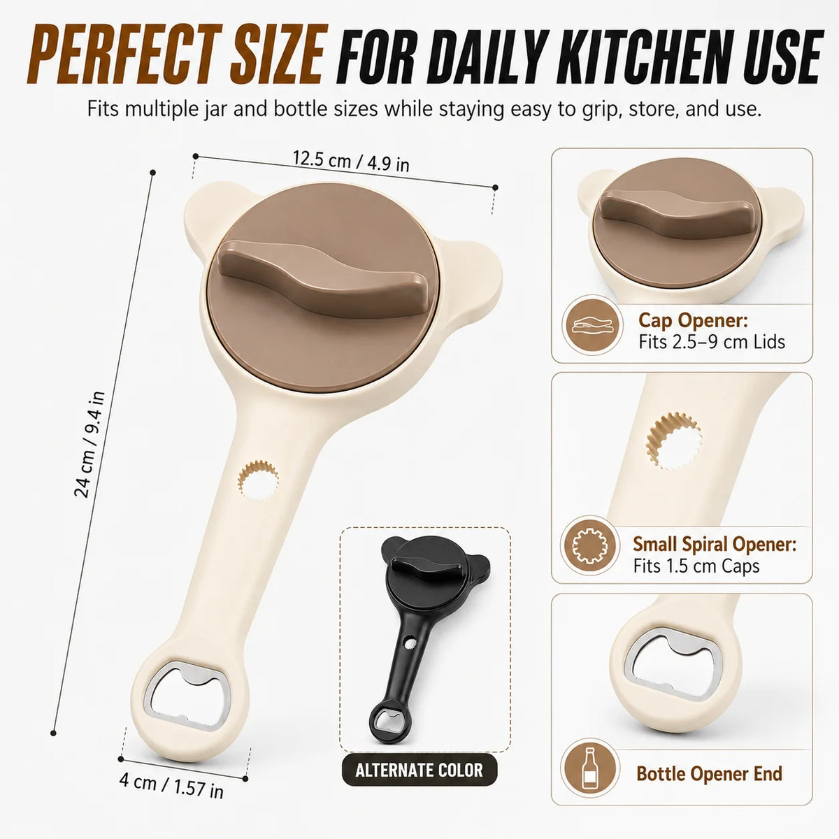 A light beige multifunctional jar and bottle opener with an adjustable grip shown in various configurations.