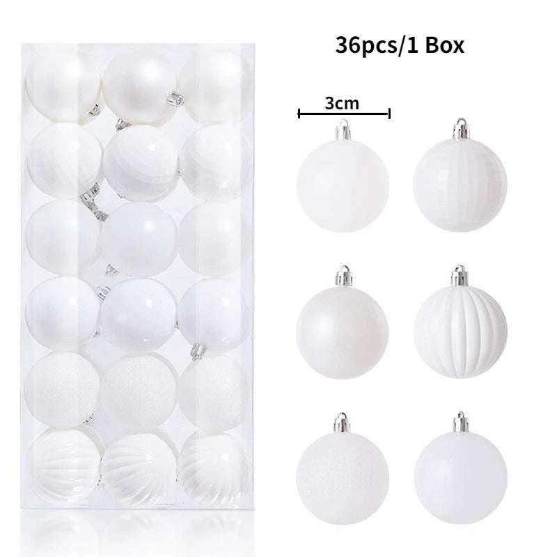 A box containing 36 white spherical Christmas tree ornaments with silver hanging loops.