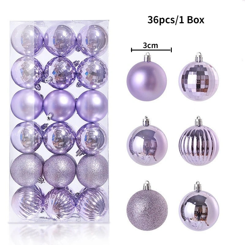 A box containing 36 iridescent purple and silver Christmas tree ornament balls.