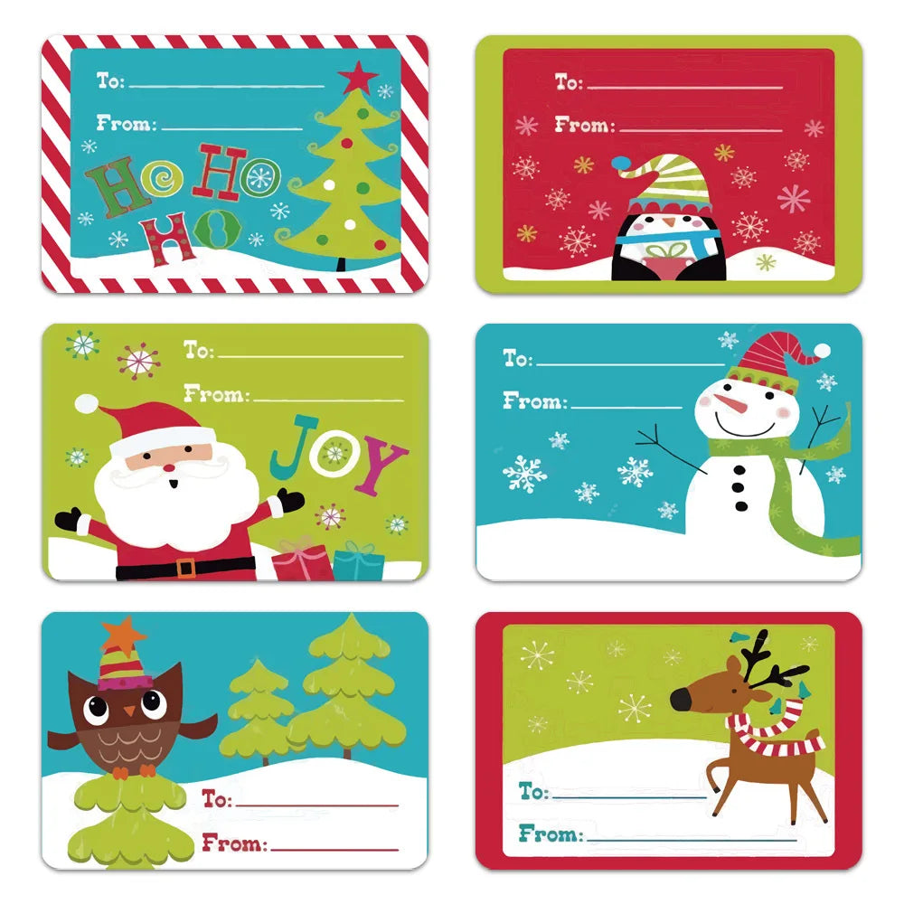A set of festive Christmas decorative stickers featuring holiday themes like a Christmas tree, Santa, and a snowman.