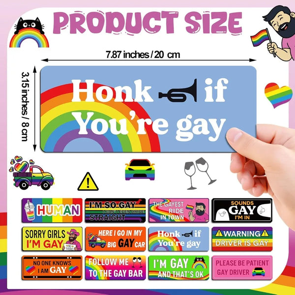 A collection of rainbow pride magnetic decals and stickers for cars and other items
