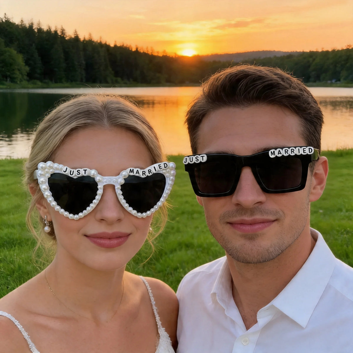 A couple posing outdoors at sunset wearing pearl decor glasses for wedding photos.