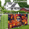 2D flat printing of an oversize Day of the Dead sugar skull backdrop featuring a floral calavera design.