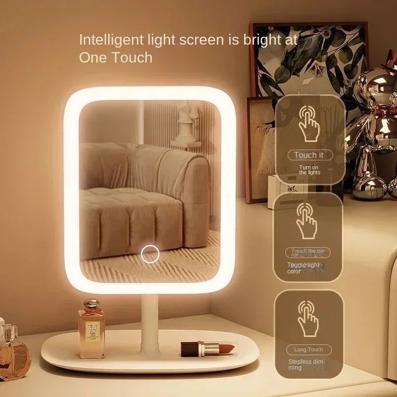 An intelligent light screen LED touch makeup mirror is shown illuminating a room.