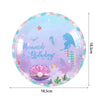 A round iridescent purple and blue mermaid themed plate with a starfish, a mermaid silhouette, and a pink seashell design.