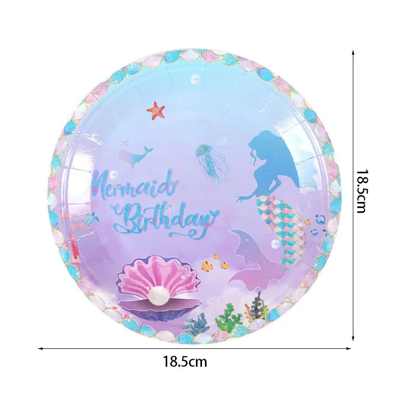 A round iridescent purple and blue mermaid themed plate with a starfish, a mermaid silhouette, and a pink seashell design.