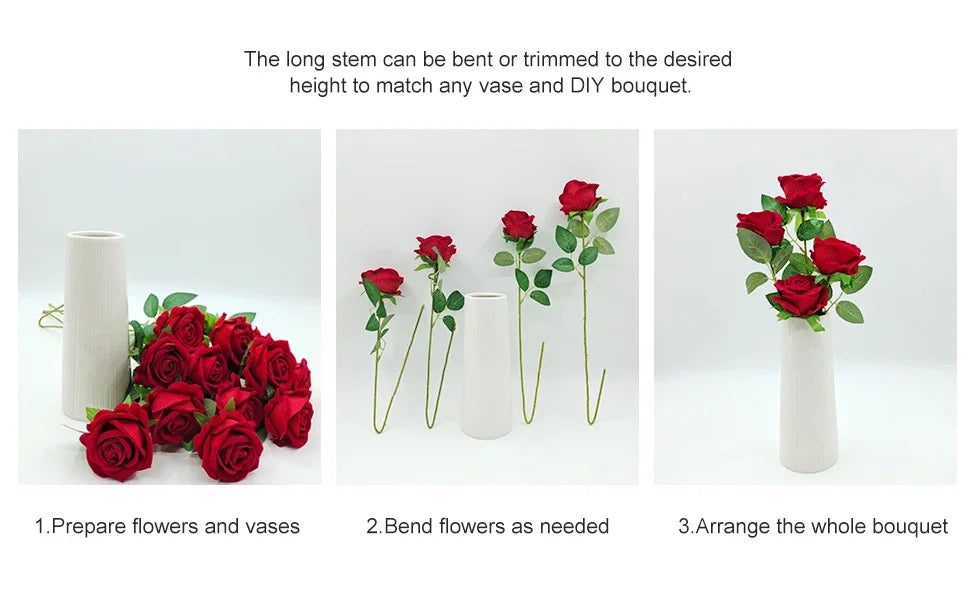 Instructions showing how to prepare, bend, and arrange flowers and vases for a DIY bouquet.