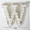 White pearl rhinestone alphabet letter W patch with clear adhesive backing