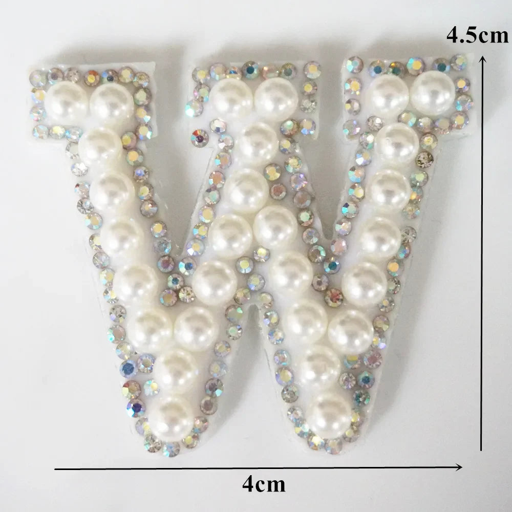 White pearl rhinestone alphabet letter W patch with clear adhesive backing
