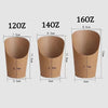 Three sizes of disposable kraft paper French fry cups labeled 120Z, 140Z, and 160Z showing their dimensions.