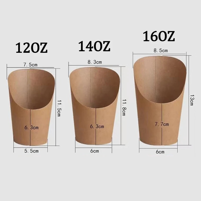 Three sizes of disposable kraft paper French fry cups labeled 120Z, 140Z, and 160Z showing their dimensions.