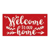 A rustic wooden hanging sign with white script that reads Welcome to our home
