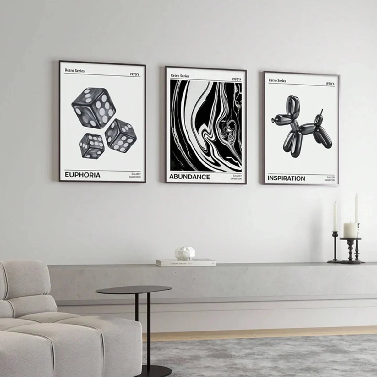A set of three abstract black and white canvas prints titled Euphoria, Abundance, and Inspiration