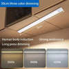 A 50cm three color dimming LED light bar mounted under a cabinet, showing different brightness levels.