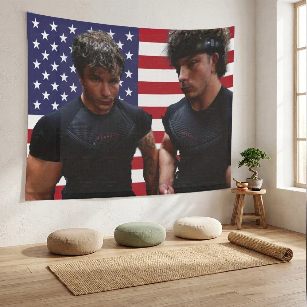 A framed poster featuring two muscular men in black shirts against an American flag background.