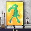 A vibrant green cartoon illustration of a long-necked creature against a bright yellow background.