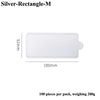 A white rectangular silver dessert cake board, 52mm by 100mm, sold in a pack of 100 pieces.