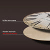 A close-up of a round wooden wall clock with Roman numerals and a textured surface, shown next to a flat wooden piece.