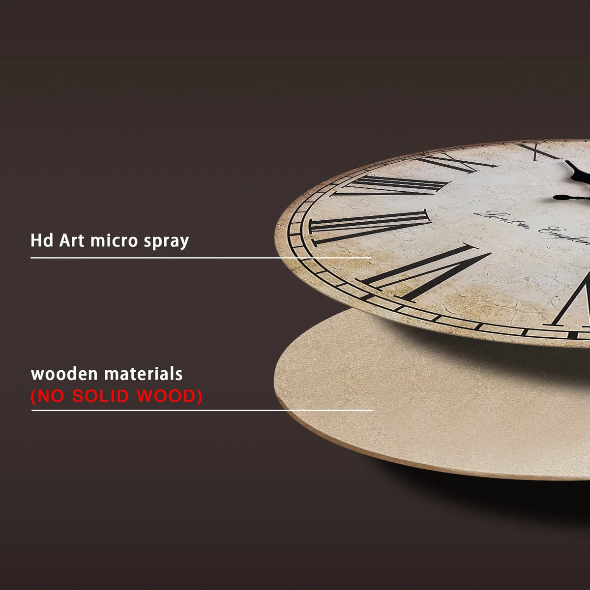 A close-up of a round wooden wall clock with Roman numerals and a textured surface, shown next to a flat wooden piece.
